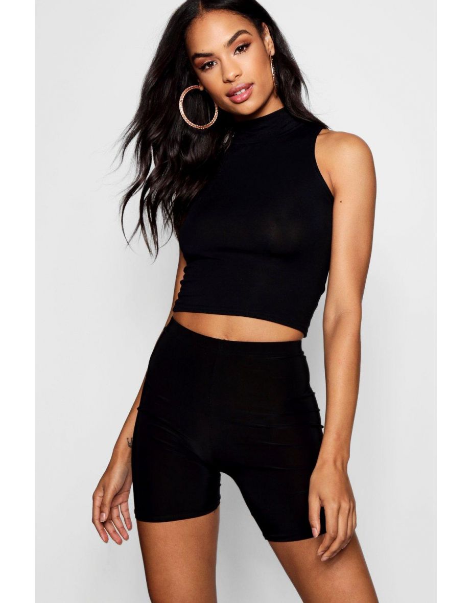 Tall  High Neck Crop Top - black