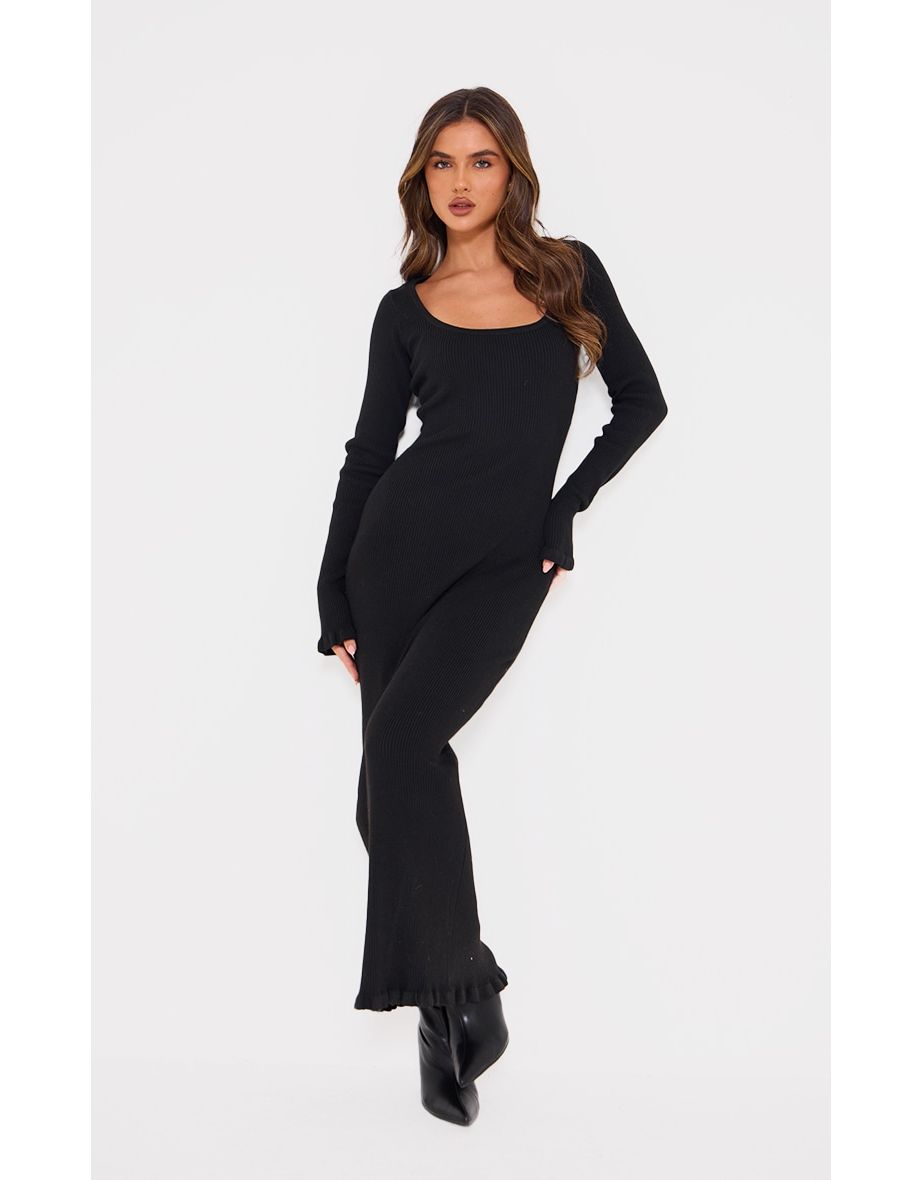 Black Rib Knit Piquet Hem Maxi Dress