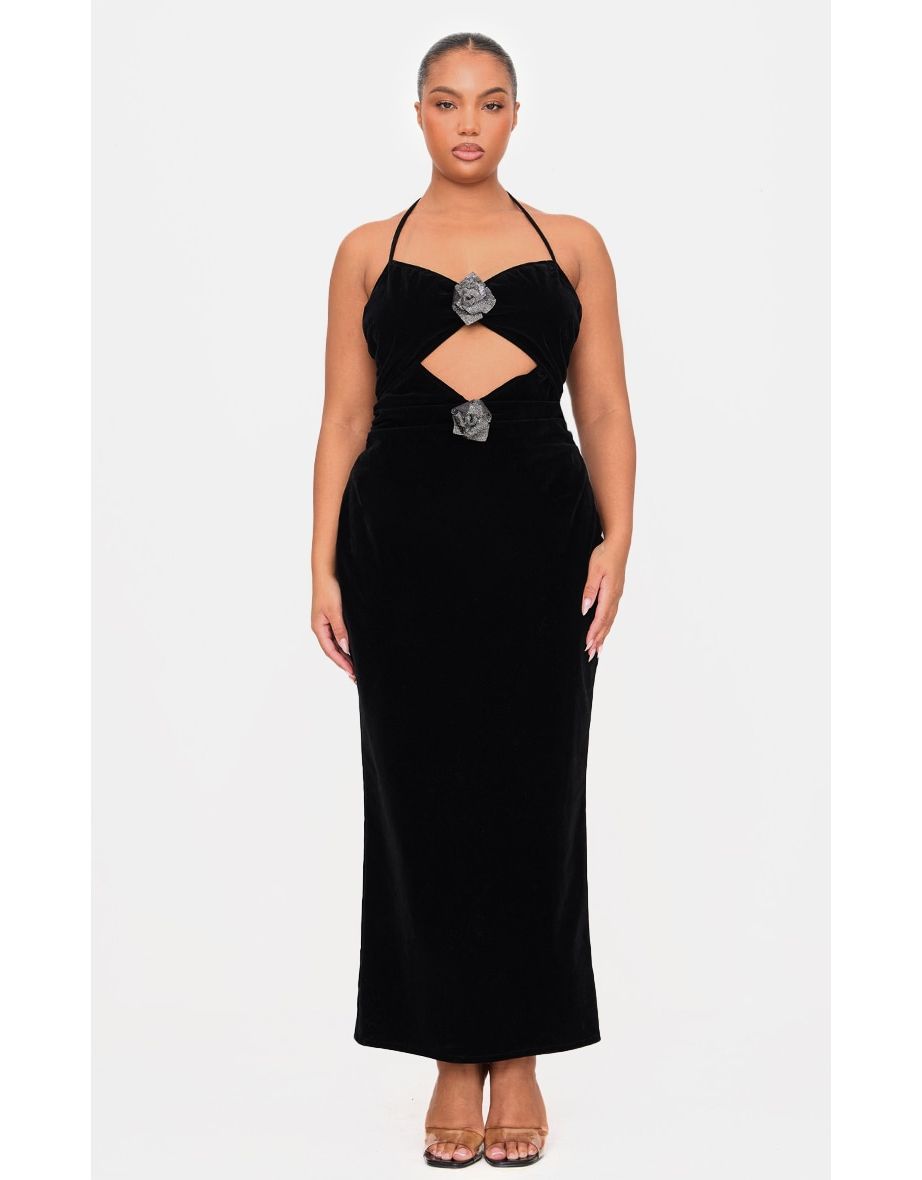 Plus Black Corsage Detail Cut Out Velvet Dress