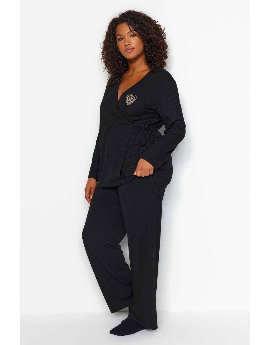 Black Plain Jersey Homewear Plus Size Pajama Set