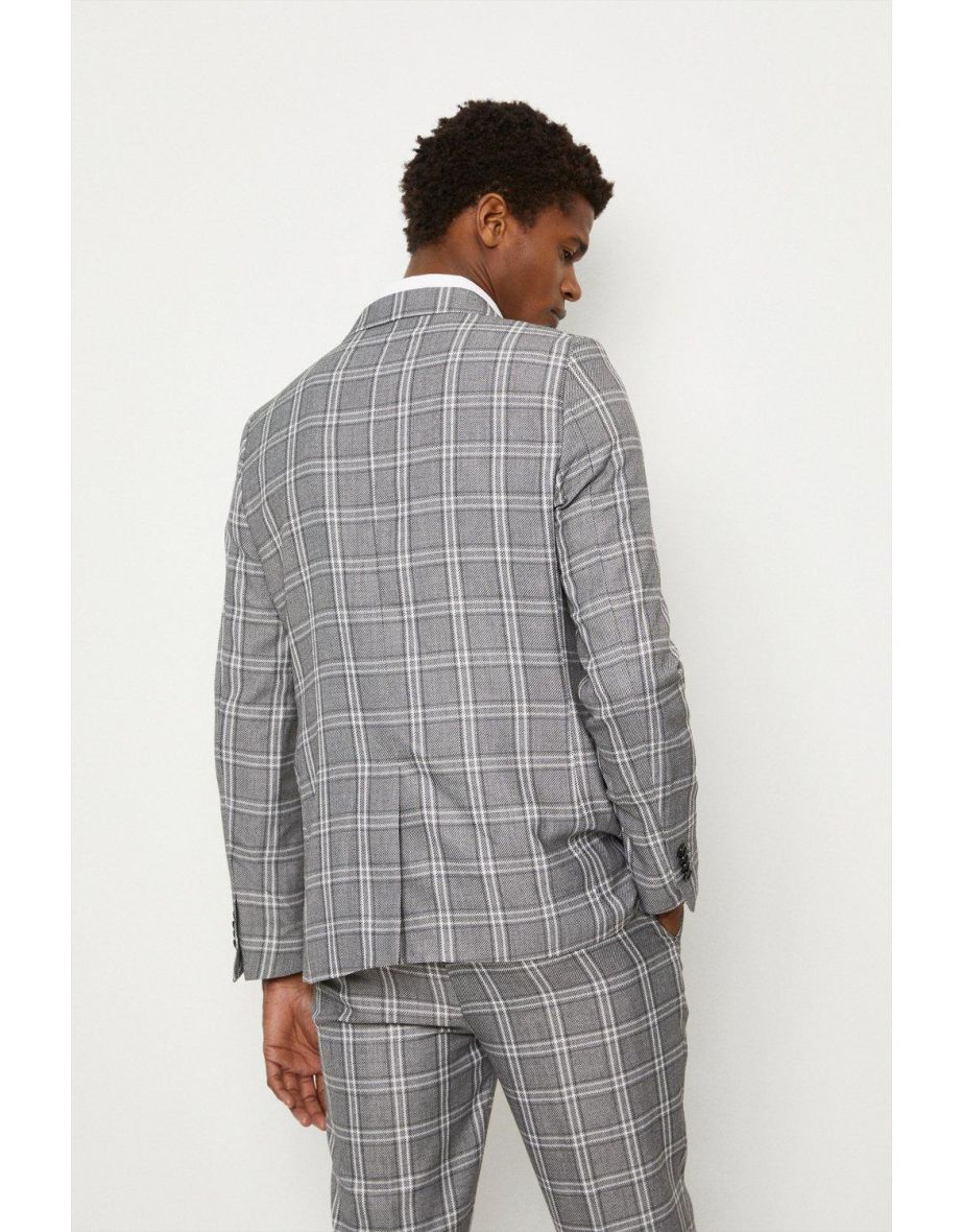 Skinny Fit Grey Textured Check Suit Jacket - 2