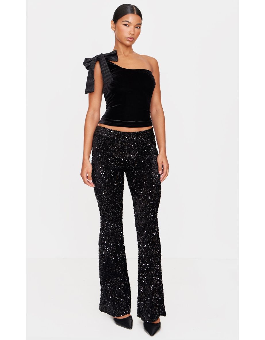 Black Sequin Velvet Flared Trousers