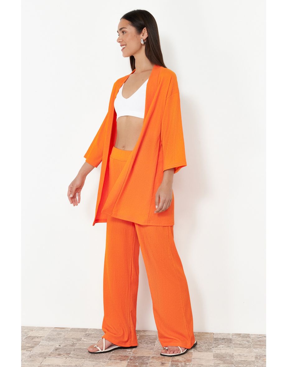 Orange Relaxed/Comfortable Cut Kimono Knitted Top and Bottom Set