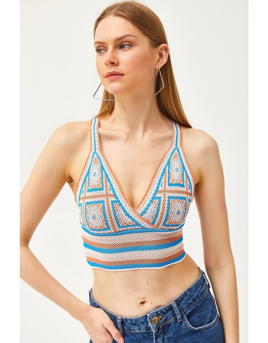 Women's Sky Blue Back Cross Patch Patterned Knitwear Blouse