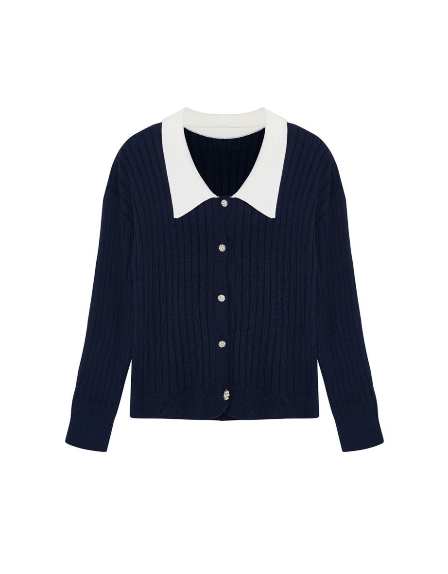 Navy Blue Knitwear Plus Size Cardigan - 6