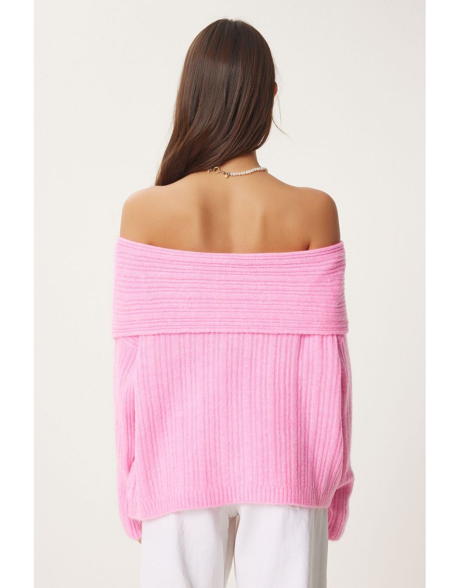 Women's Candy Pink Madonna Collar Knitwear Sweater - 5