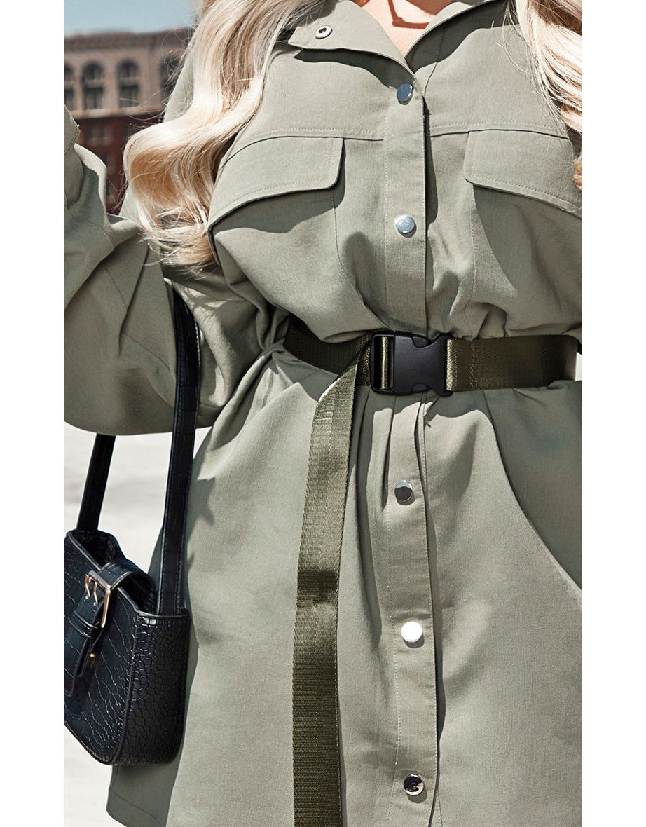 Khaki Cargo Oversized Popper Front Shirt Dress - 4