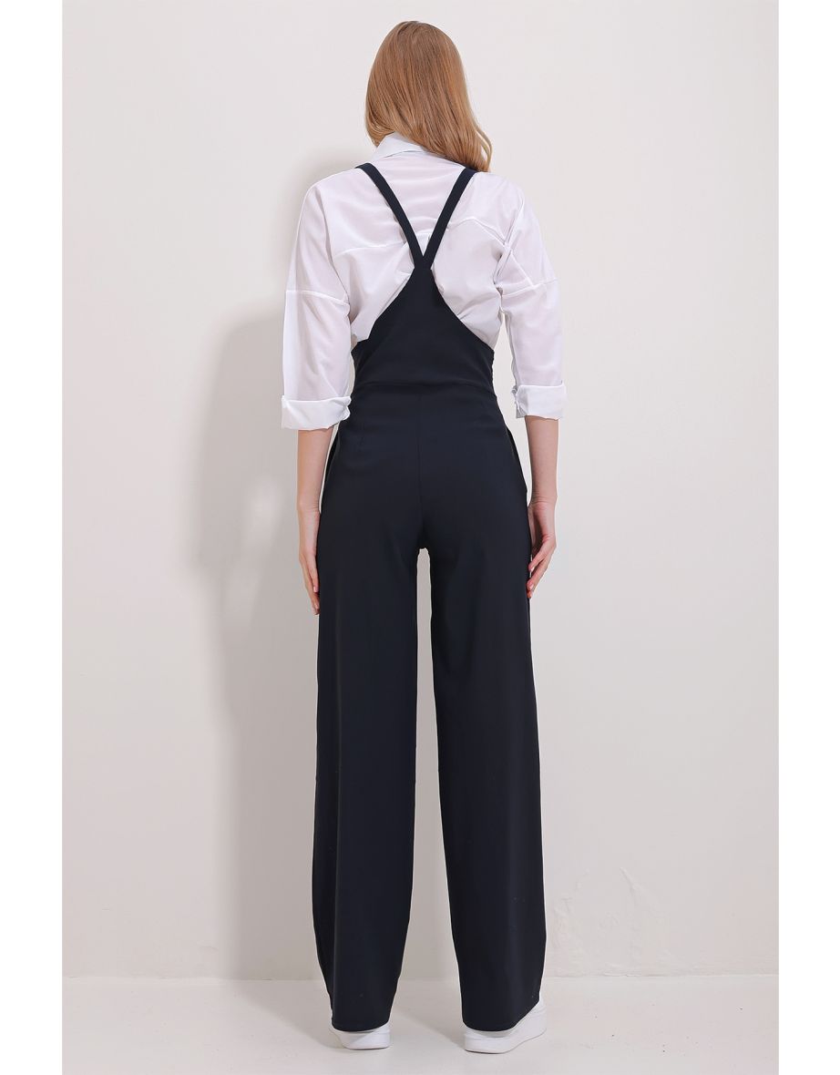 Women's Navy Blue Double Pocket Strappy Lycra Overalls Jumpsuit - 4