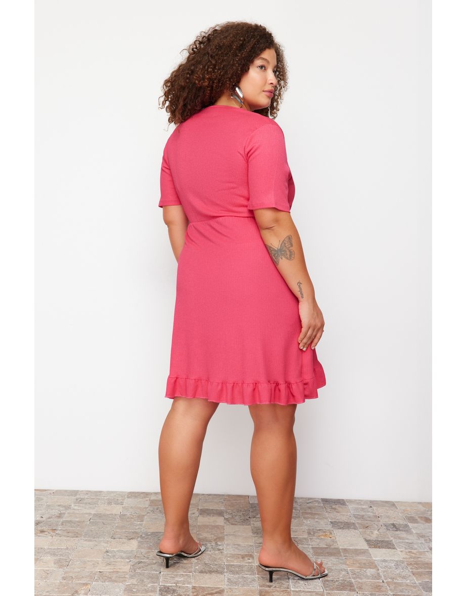 Pink Double Breasted Flounce Knitted Dress Double Breasted Flounce Mini Knitted Dress - 7