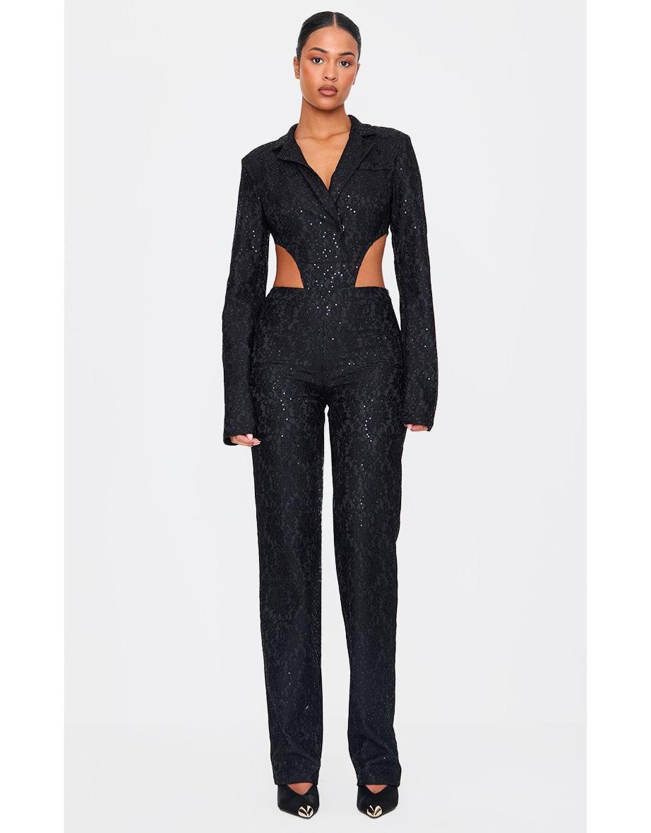 Tall Black Sequin Lace Bodysuit Blazer Jacket