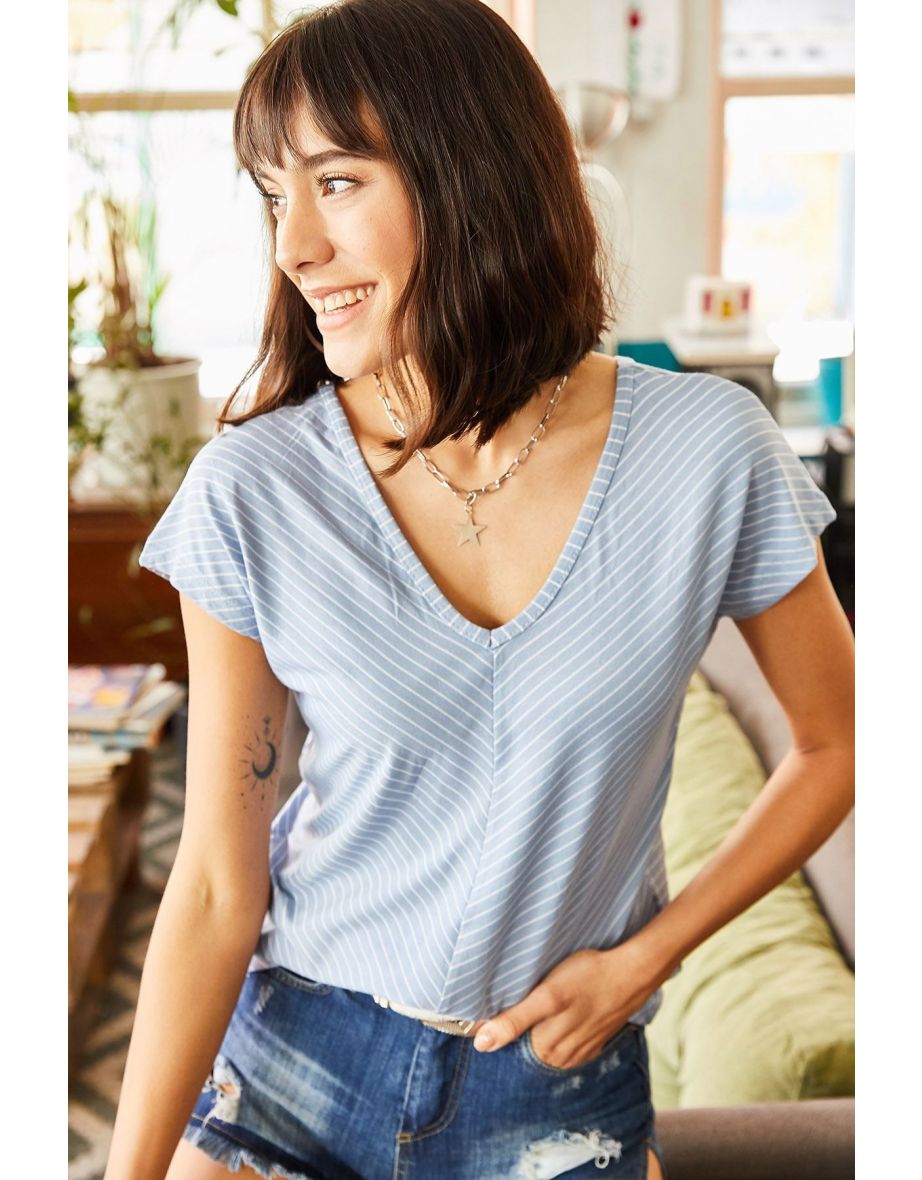 Women's Baby Blue Front Back V Bias T-Shirt