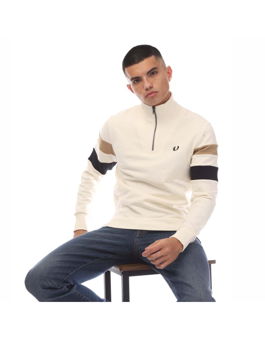 Men's Fred Perry Tipped Sleeve Half-Zip Sweatshirt in Cream - 3