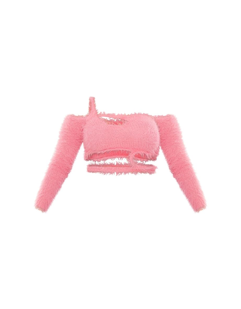 Pink Eyelash Knit Cut Out Long Sleeve Top - 4