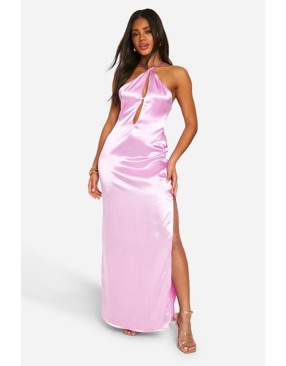 Satin Halter Cut Out Slip Maxi Dress