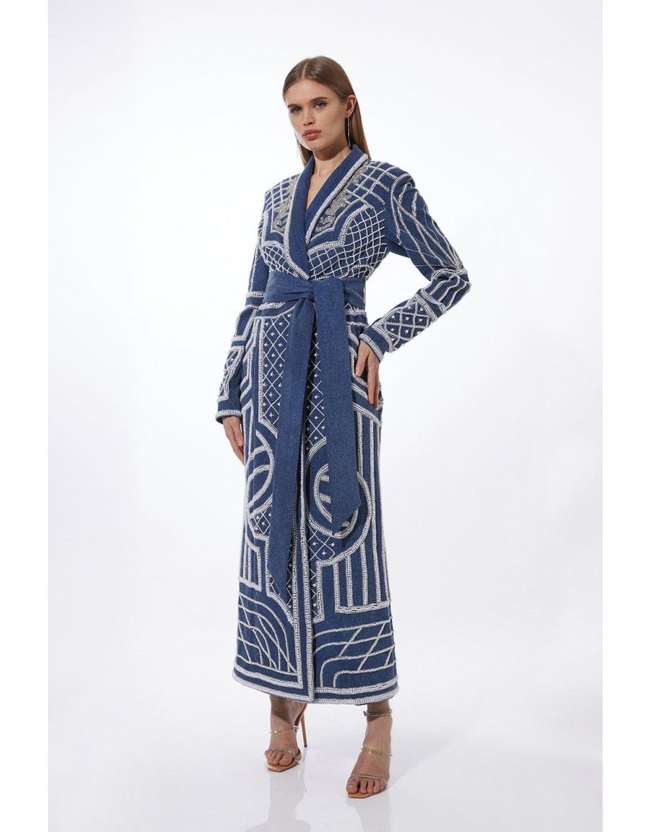 Pearl Embellished Woven Denim Maxi Blazer Dress