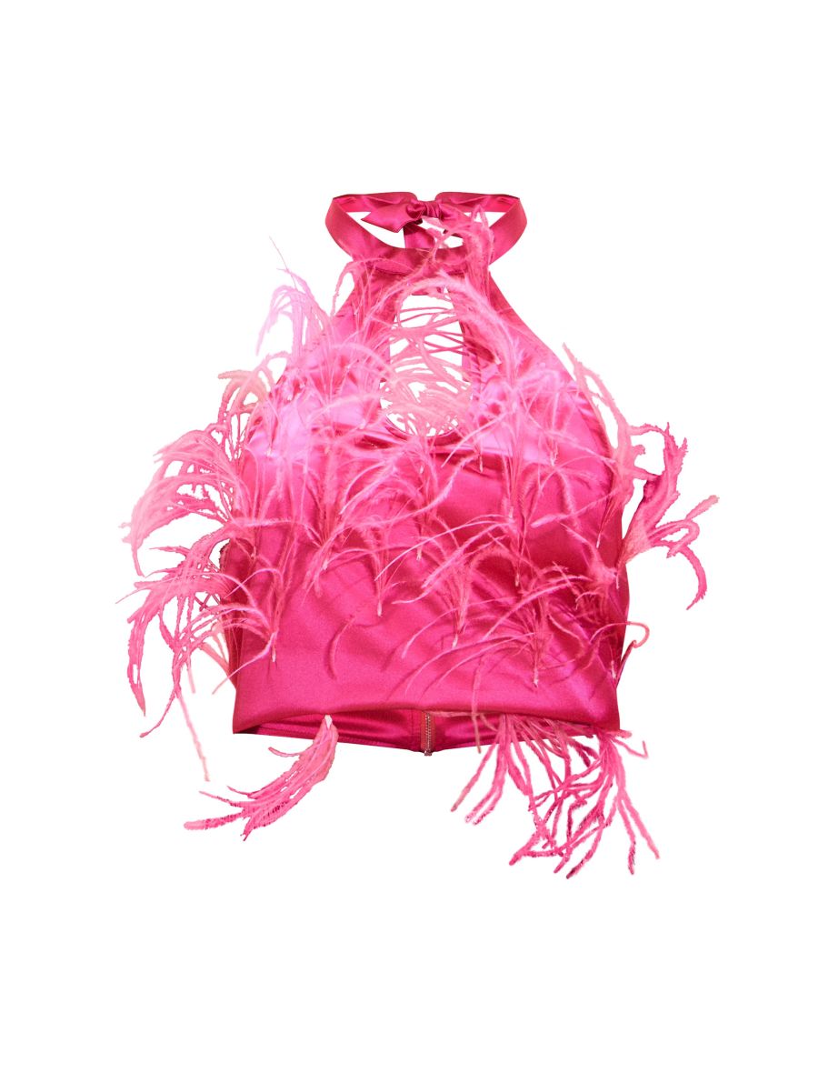 Pink Satin Halter Neck Feather Detail Top - 4
