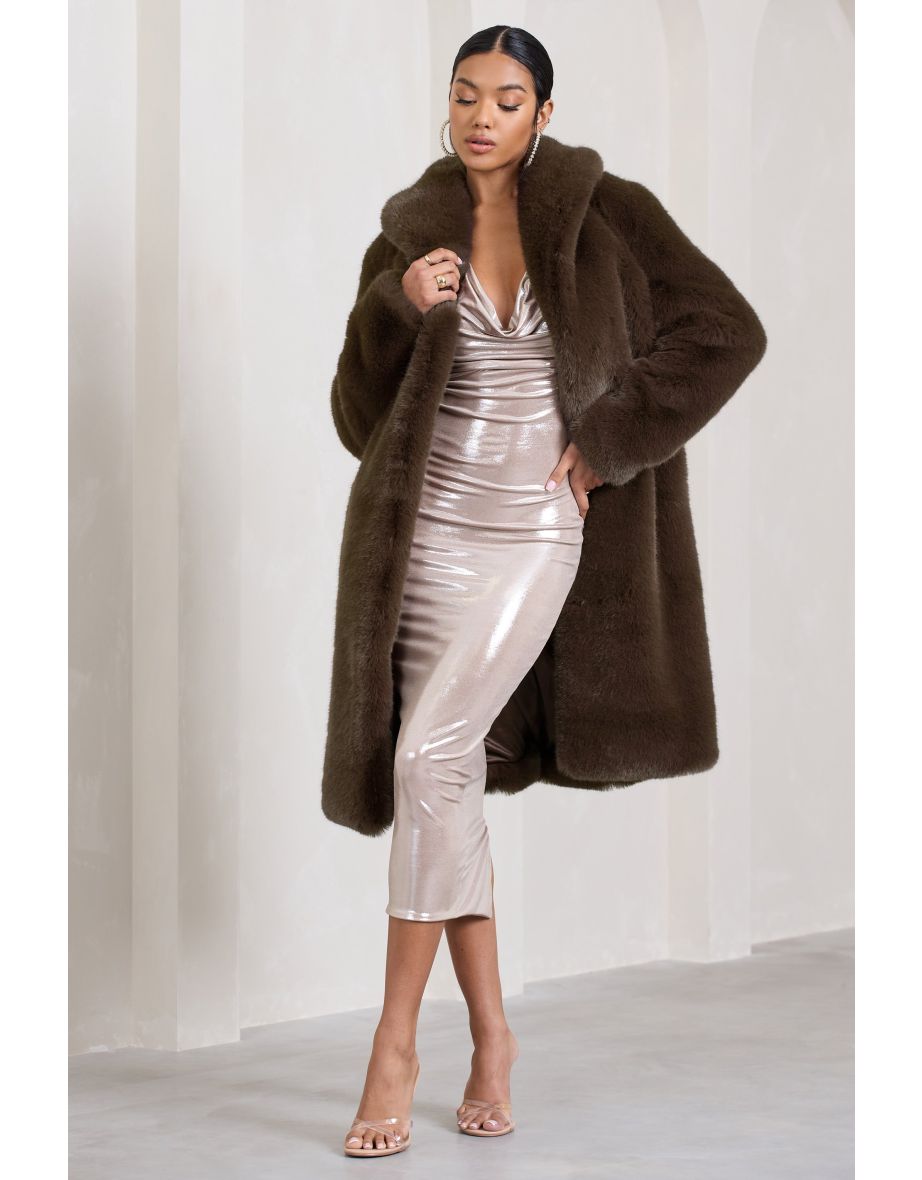 Slopeside | Brown Long Belted Faux Fur Coat - 8