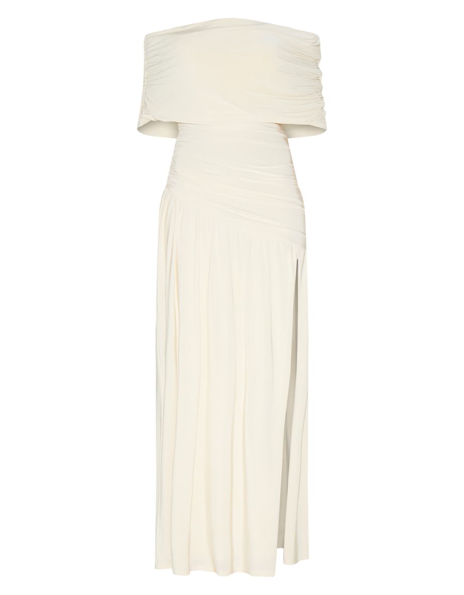 Petite White Double Layer Slinky Bardot One Shoulder Ruched Maxi Dress - 4