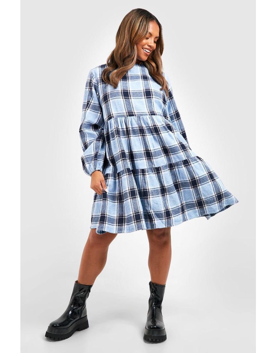 Plus Brushed Check Smock Dress - blue