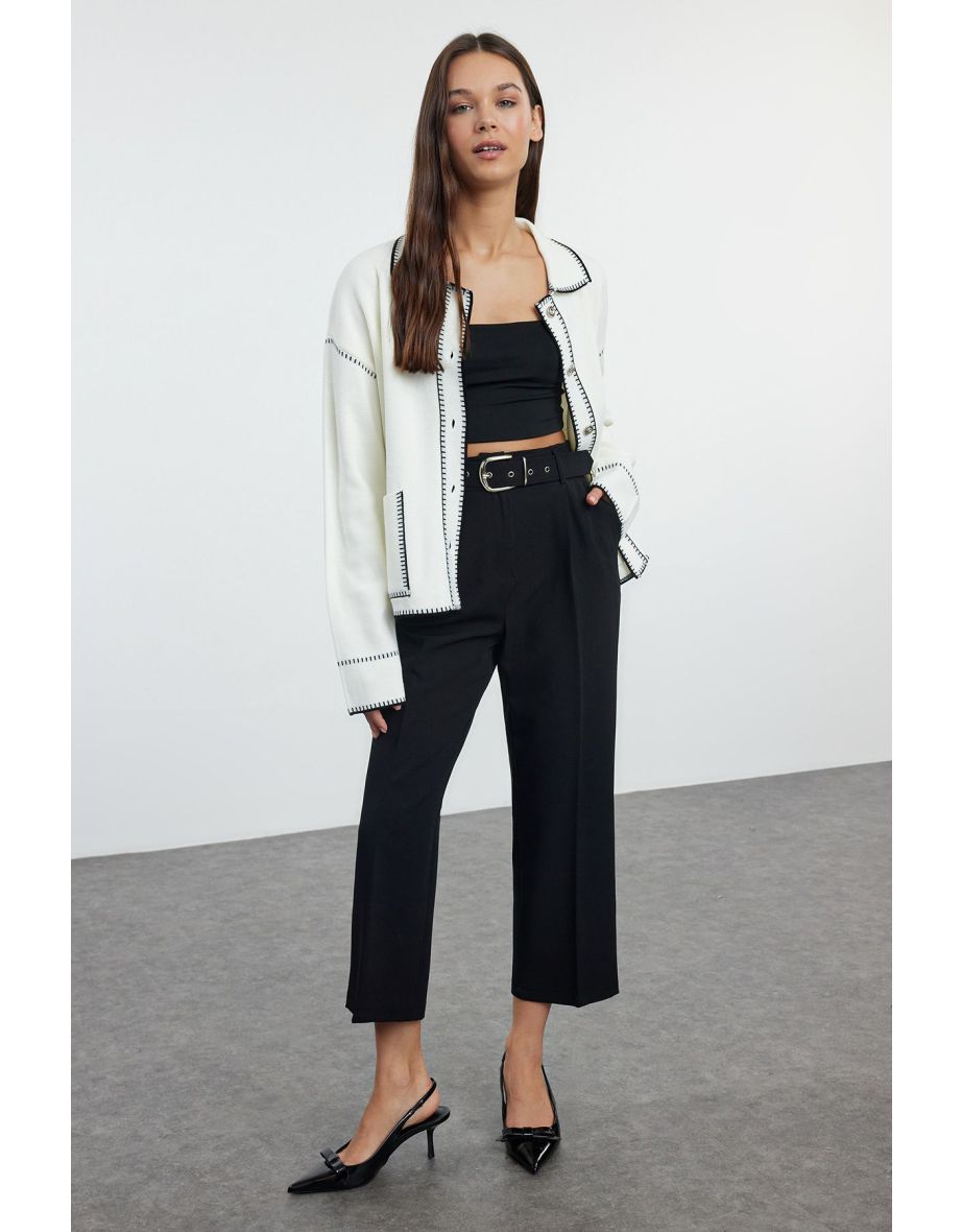 Ecru Color Block Polo Neck Knitted Cardigan
