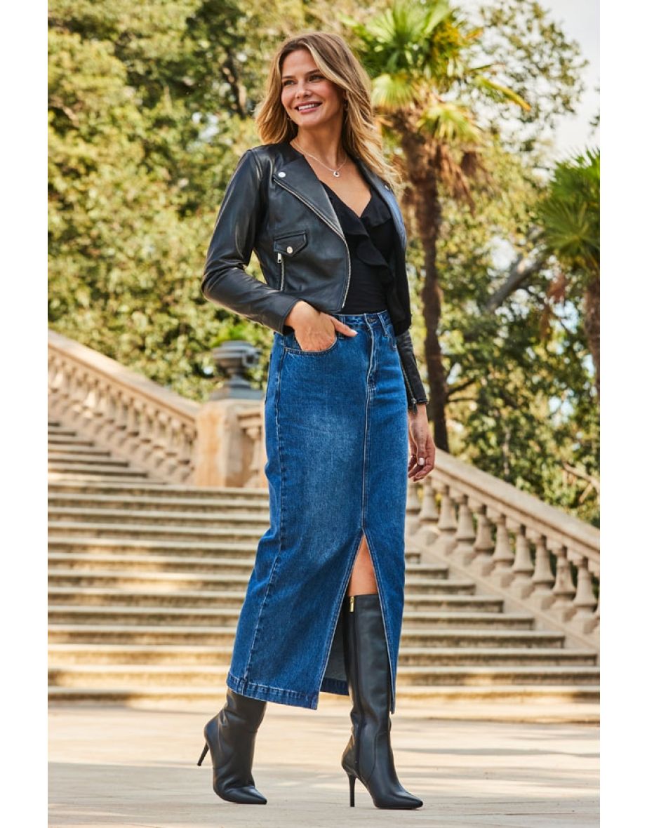 Mid length denim update skirts jacket