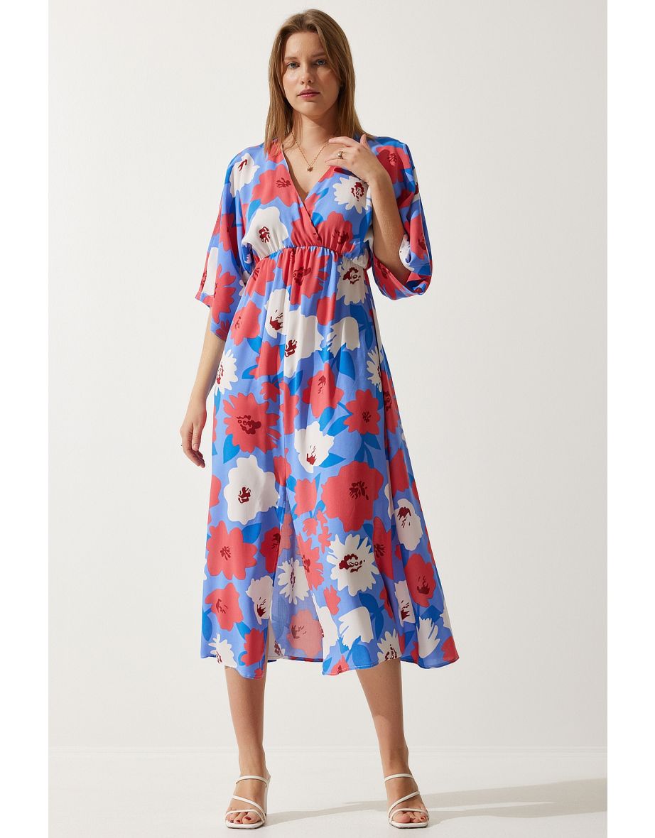 Women's Lilac Pink Wrapover Neck Patterned Summer Viscose Dress