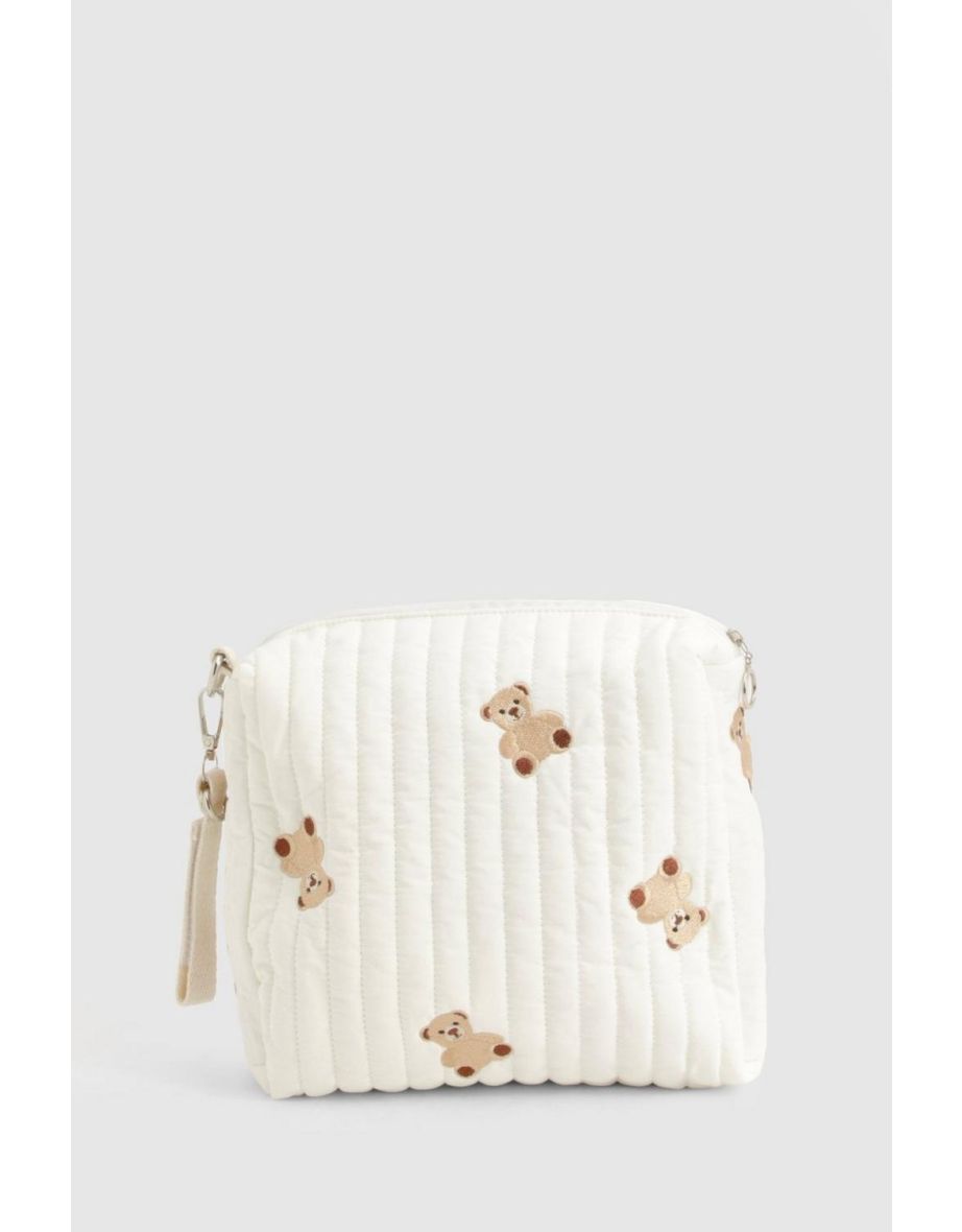 Quilted Embroidered Bear Makeup Bag - white