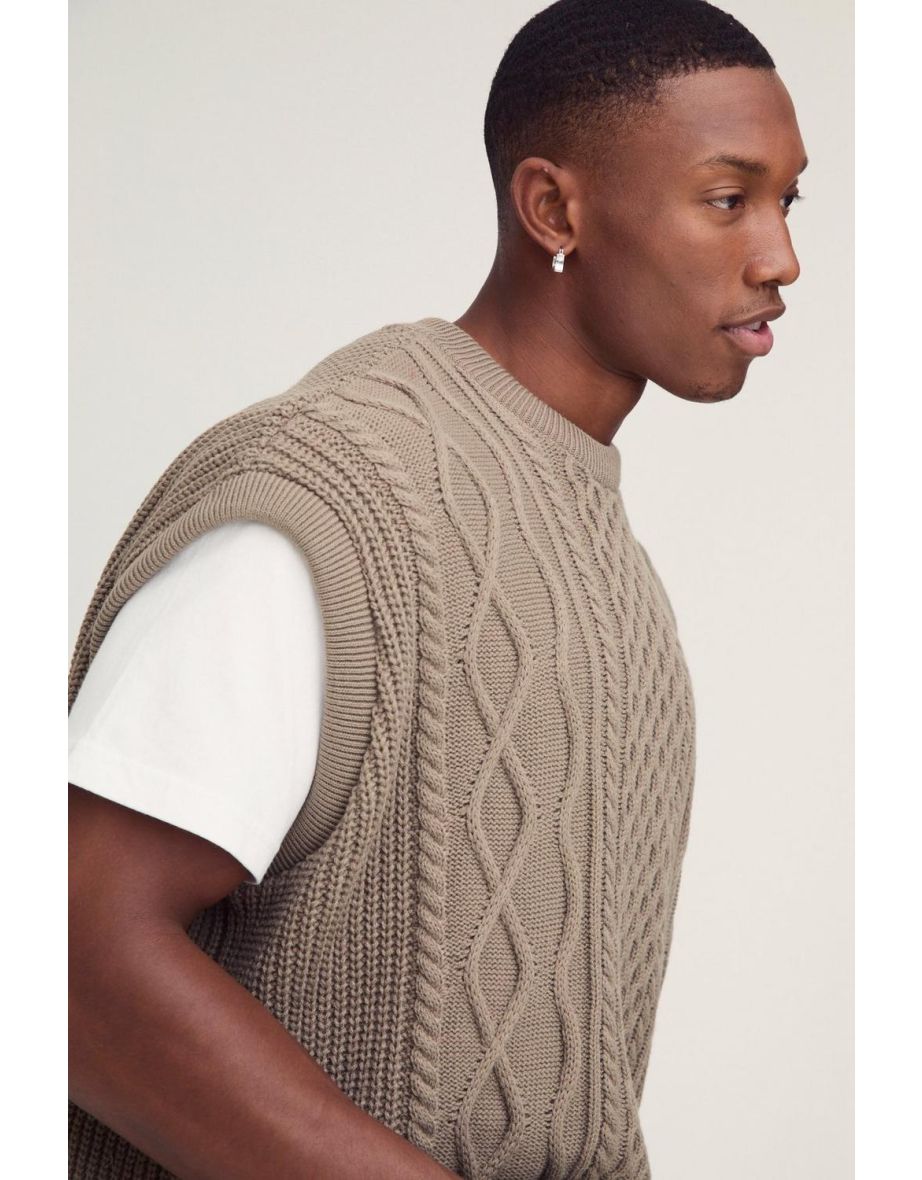 Oversized Crew Neck Cable Knitted Vest - light brown - 2