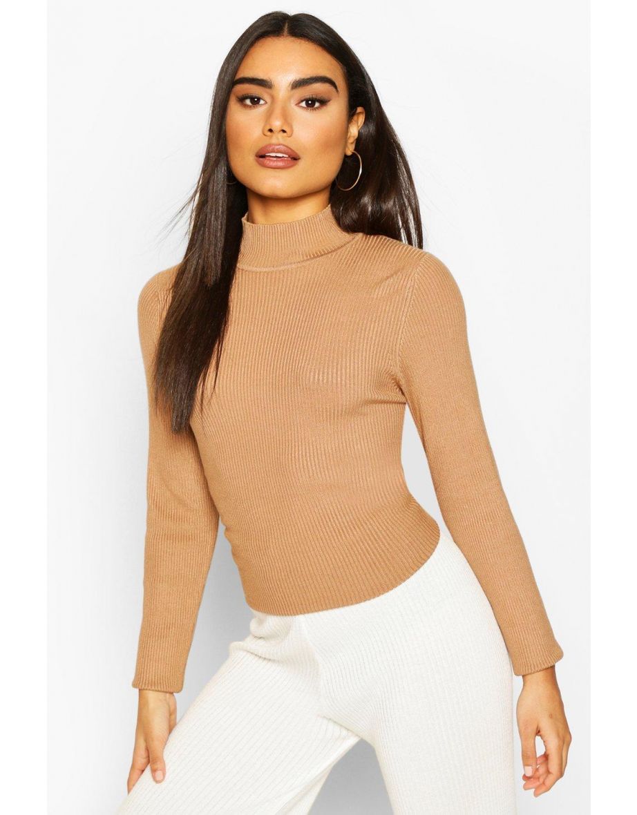 Rib Knit Turtle Neck Top - camel