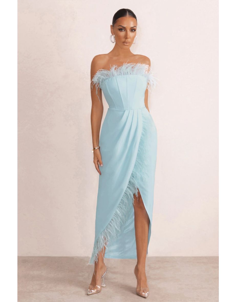 Cosmo | Powder Blue Bandeau Corset Midi Dress With Feather Trim - 3