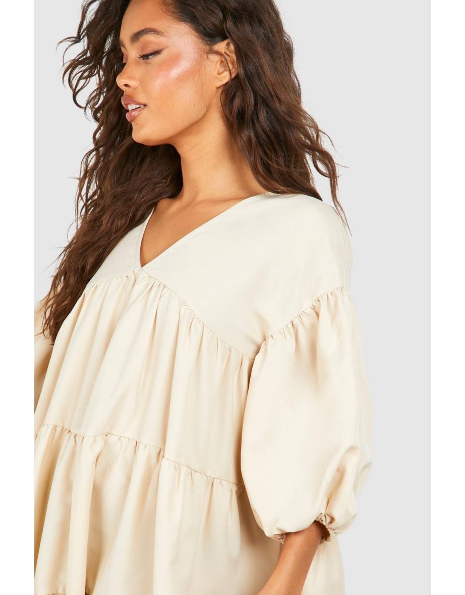 Poplin V Neck Tiered Midi Smock Dress - stone - 3