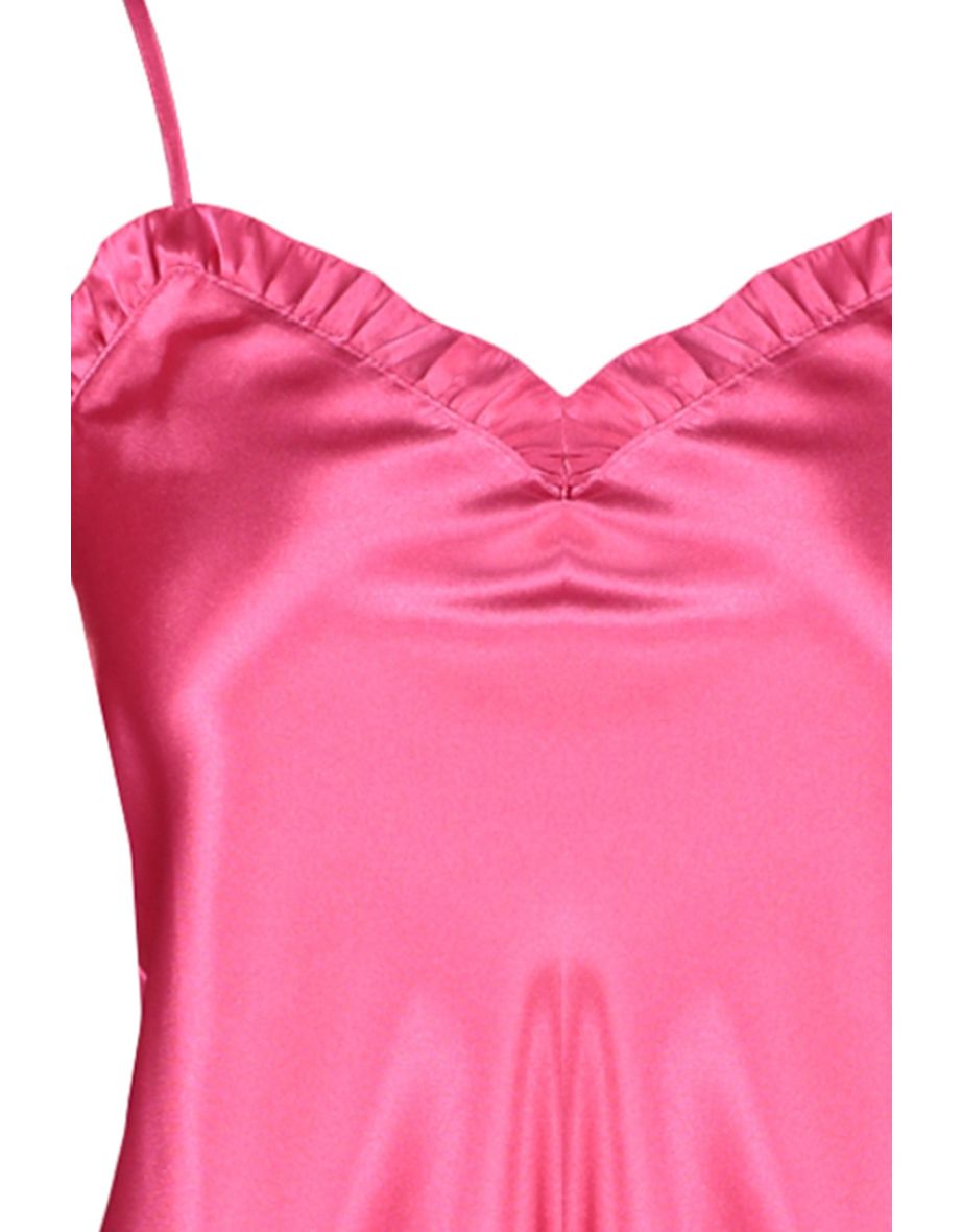 Fuchsia Frilly Satin Singlet-Shorts, Woven Pajamas Set - 7