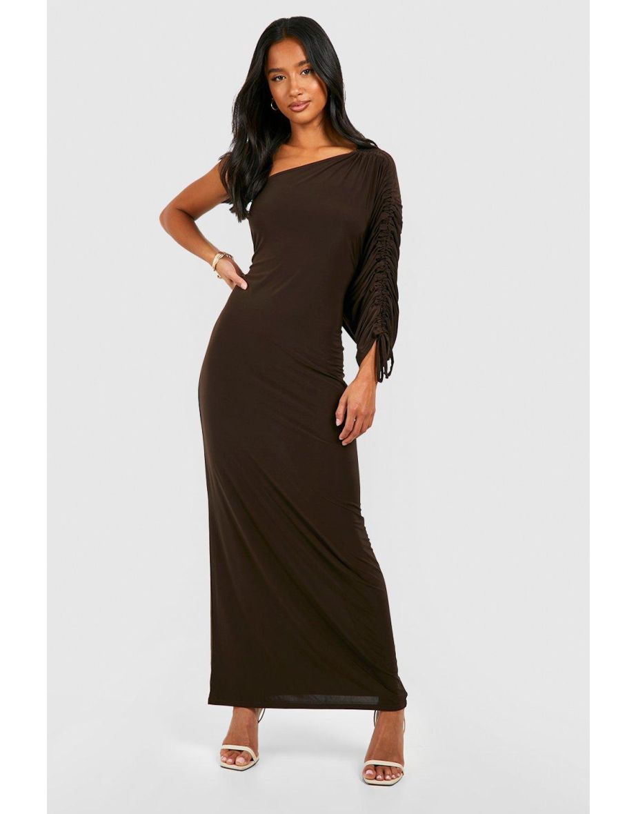 Petite Asymmetric Ruched One Shoulder Maxi Dress - chocolate