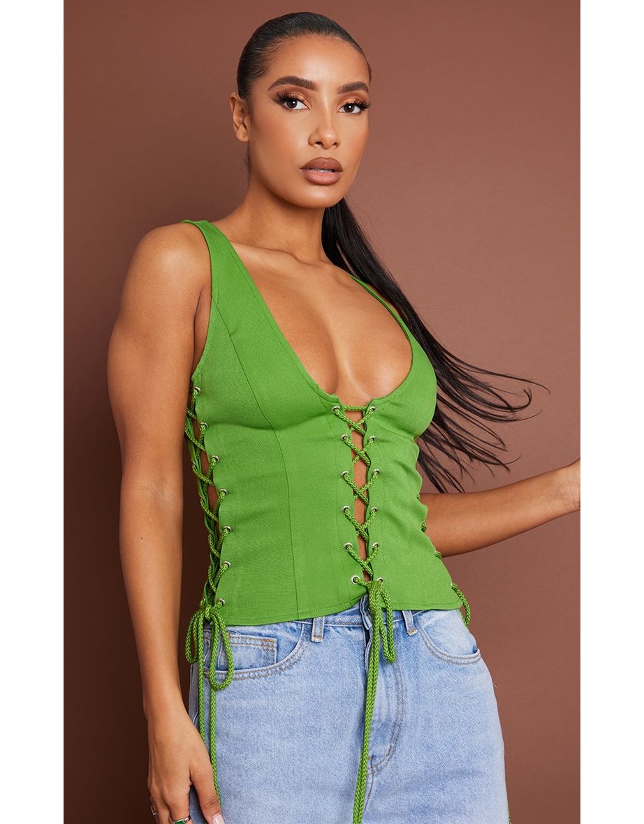 Bright Green Woven Lace Up Detail Plunge Sleeveless Top