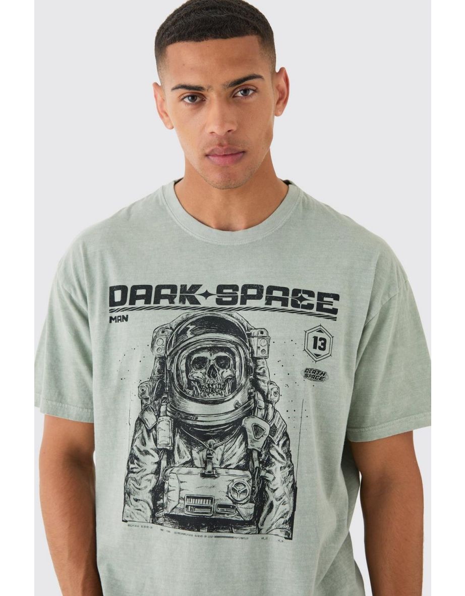 Oversized Washed Skeleton Astronaut Graphic T-shirt - khaki - 2
