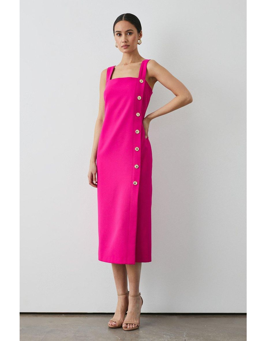 Structured Crepe Button Detail Pencil Dress - pink