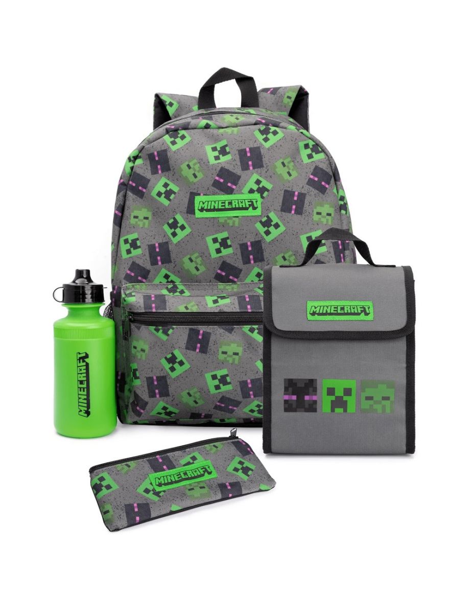 Minecraft Lunch Bag And Backpack Set (Pack of 4) - Grey/Green/Black