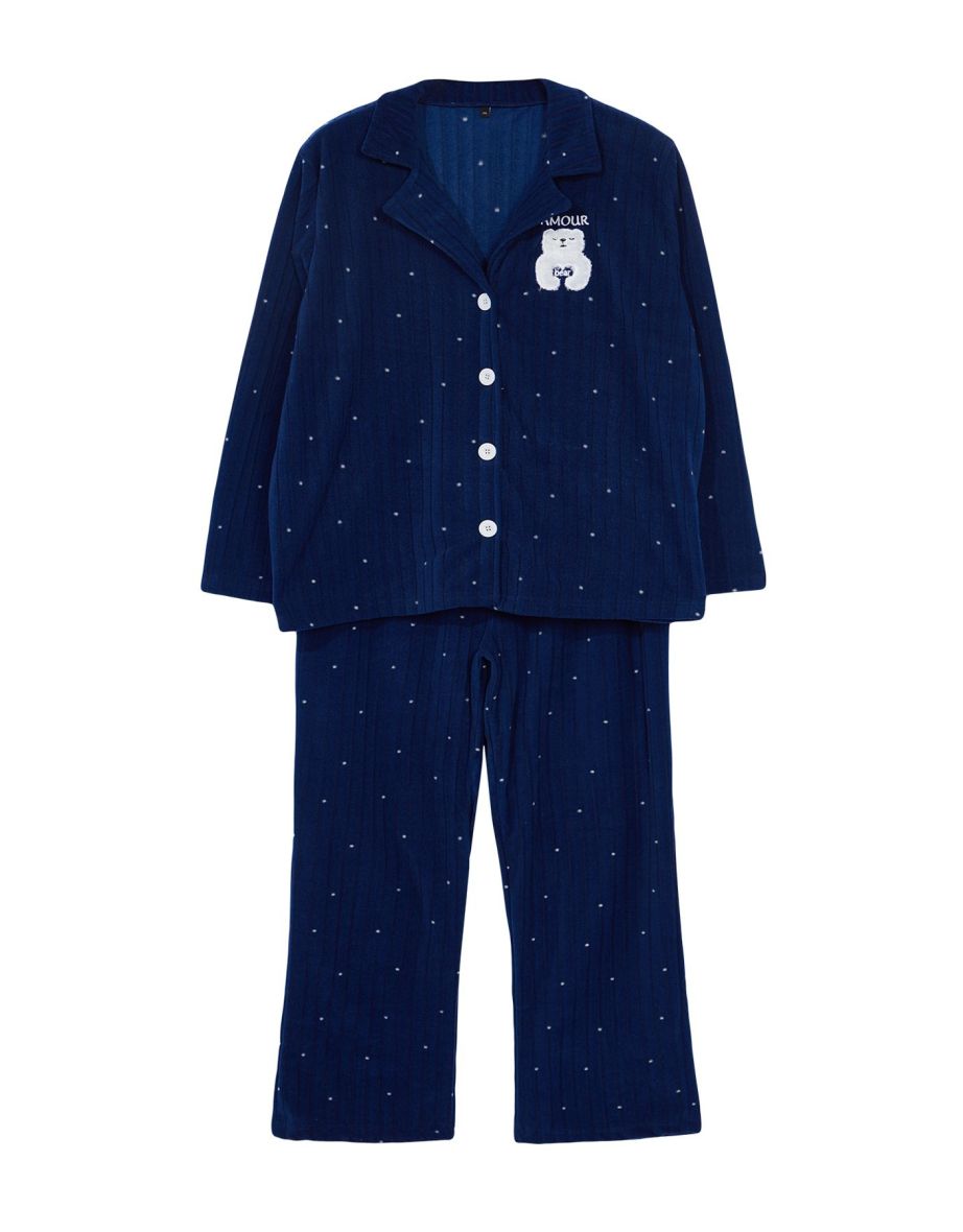 Navy Blue Polka Dot Shirt Collar Knitted Pajama Set