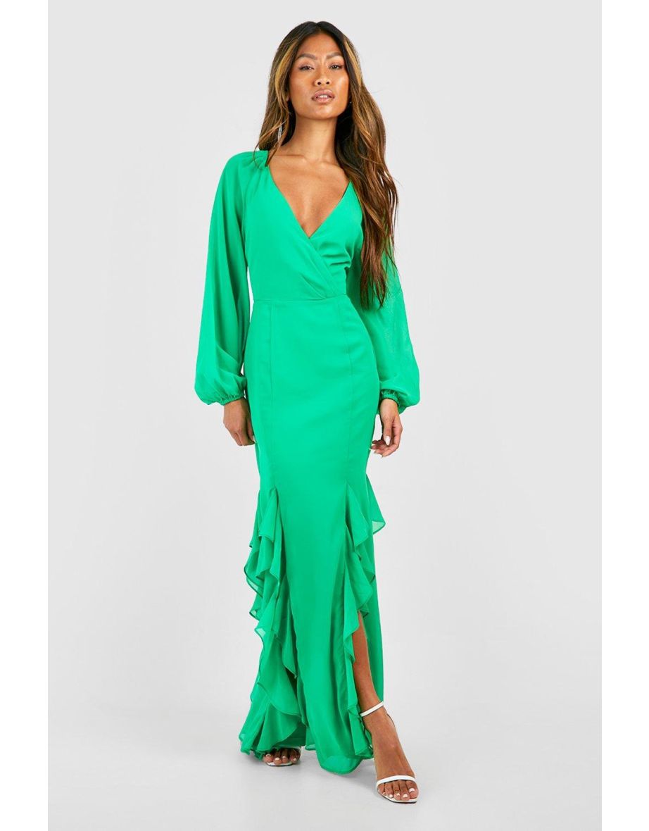 Split Shoulder Wrap Ruffle Detail Maxi Dress - bright green