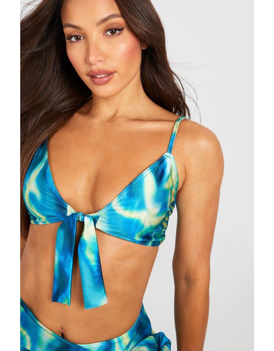 Tall Blurred Abstract Tie Front High Waist Bikini Set - blue - 3