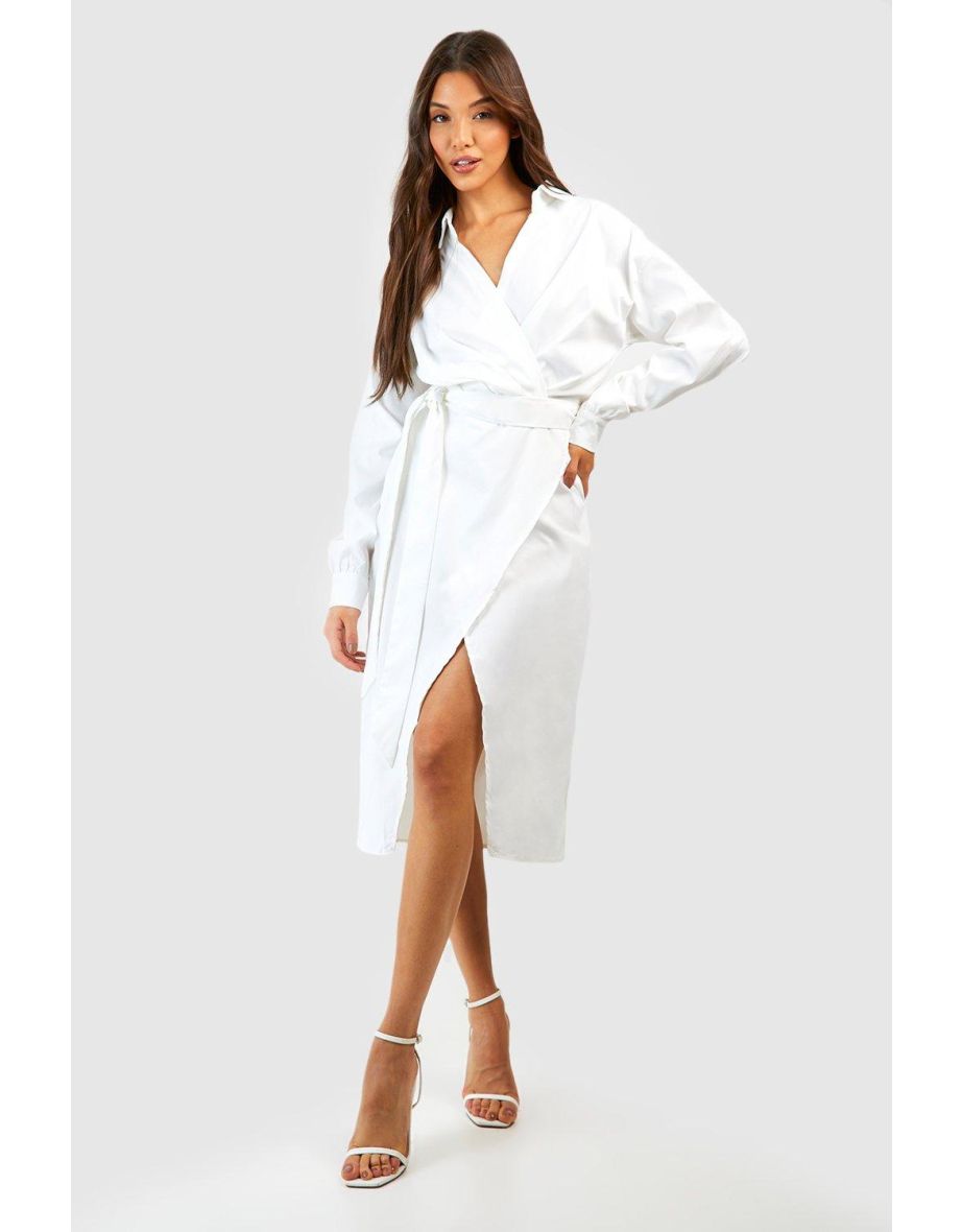 Belted Wrap Midi Shirt Dress - white