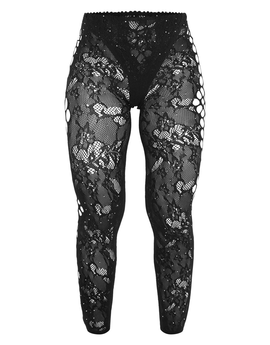 Black Fishnet Diamante Hot Fix Cut Out Leggings - 3