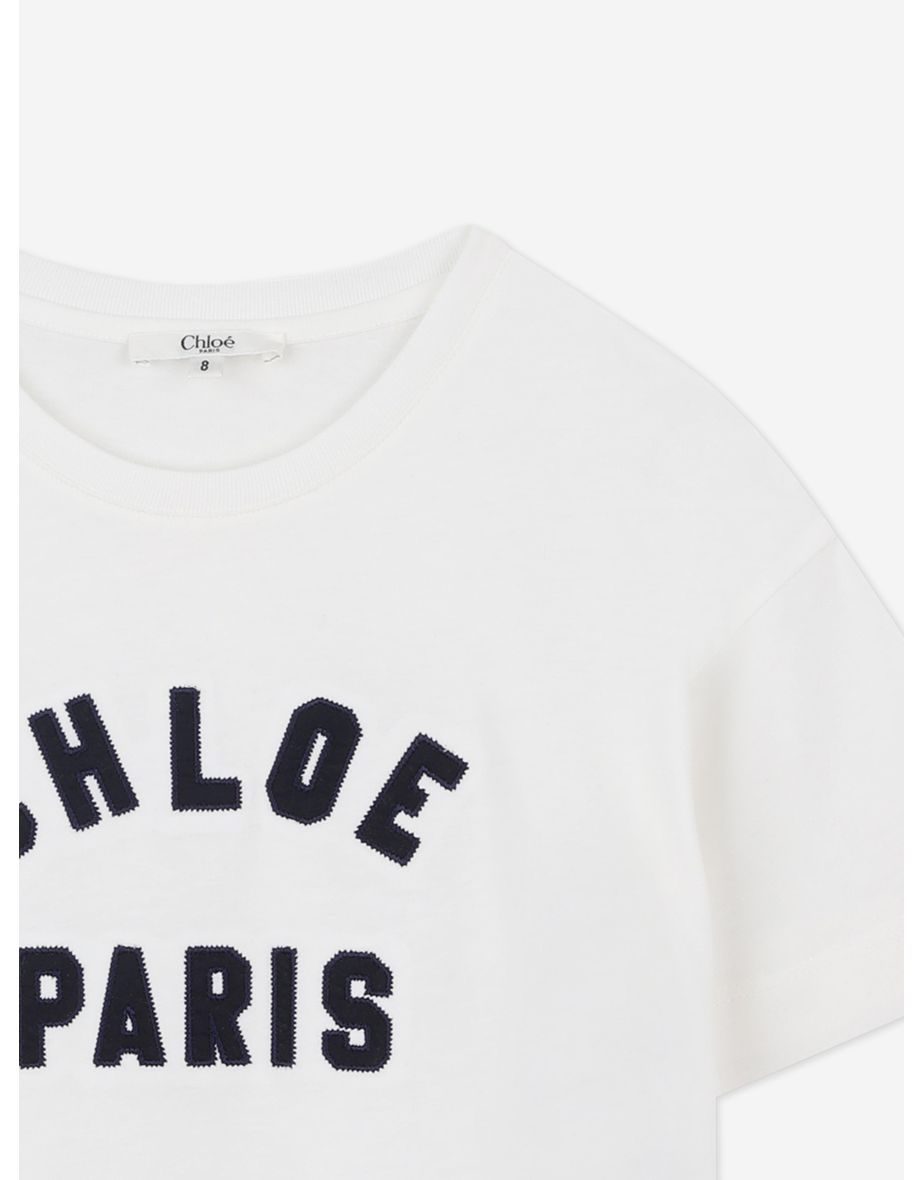 Chloé Girls Embroidered Paris Logo T-Shirt in Ivory - 3