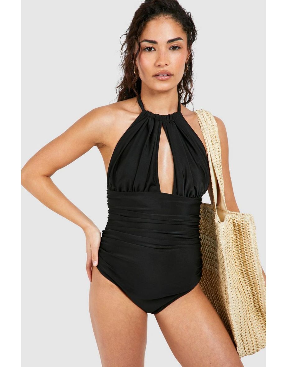 Petite Tummy Control Ruched Halterneck Swimsuit - black