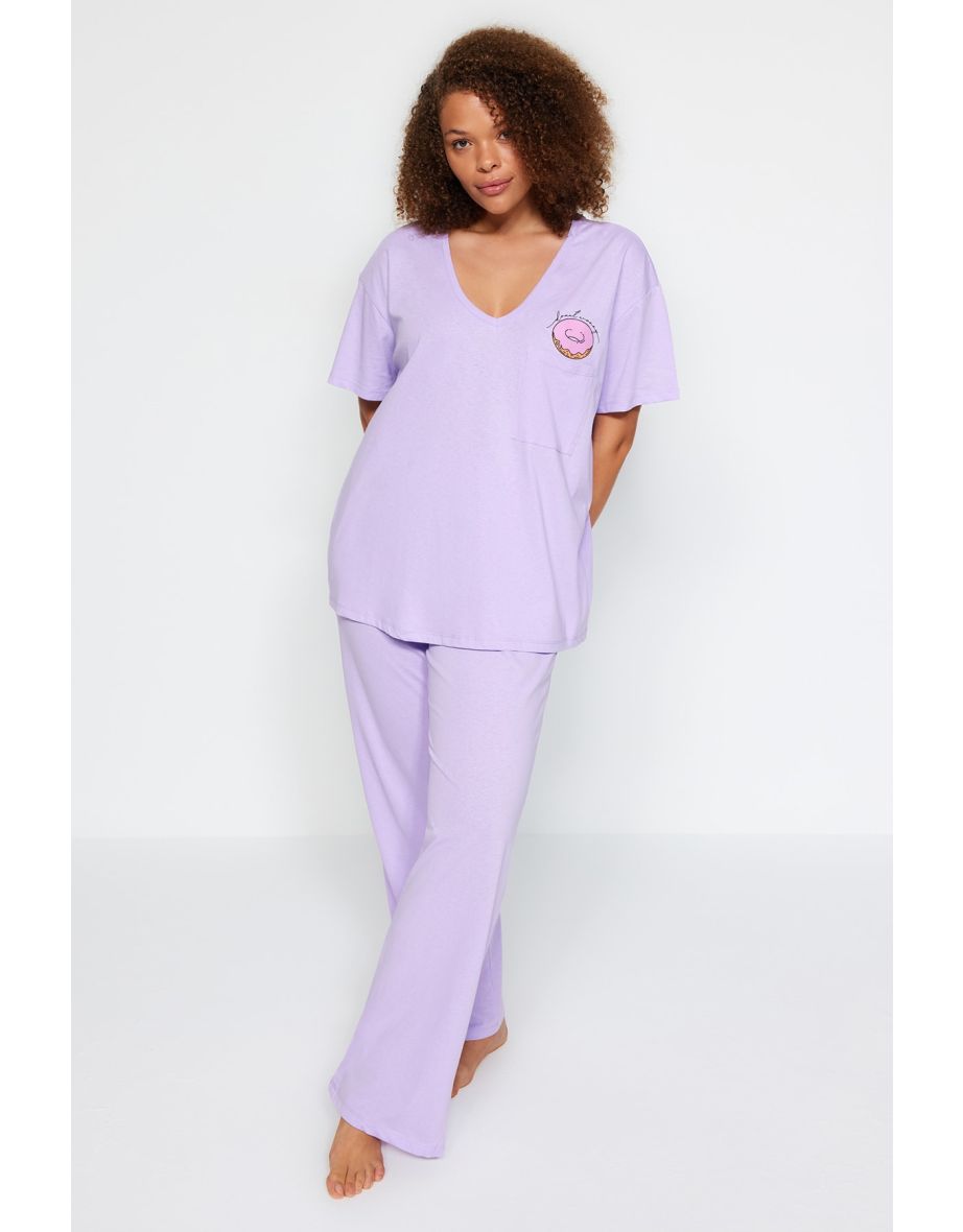 Shop Plus Size Pajama Set Purple Embroidery Online in Qatar VogaCloset