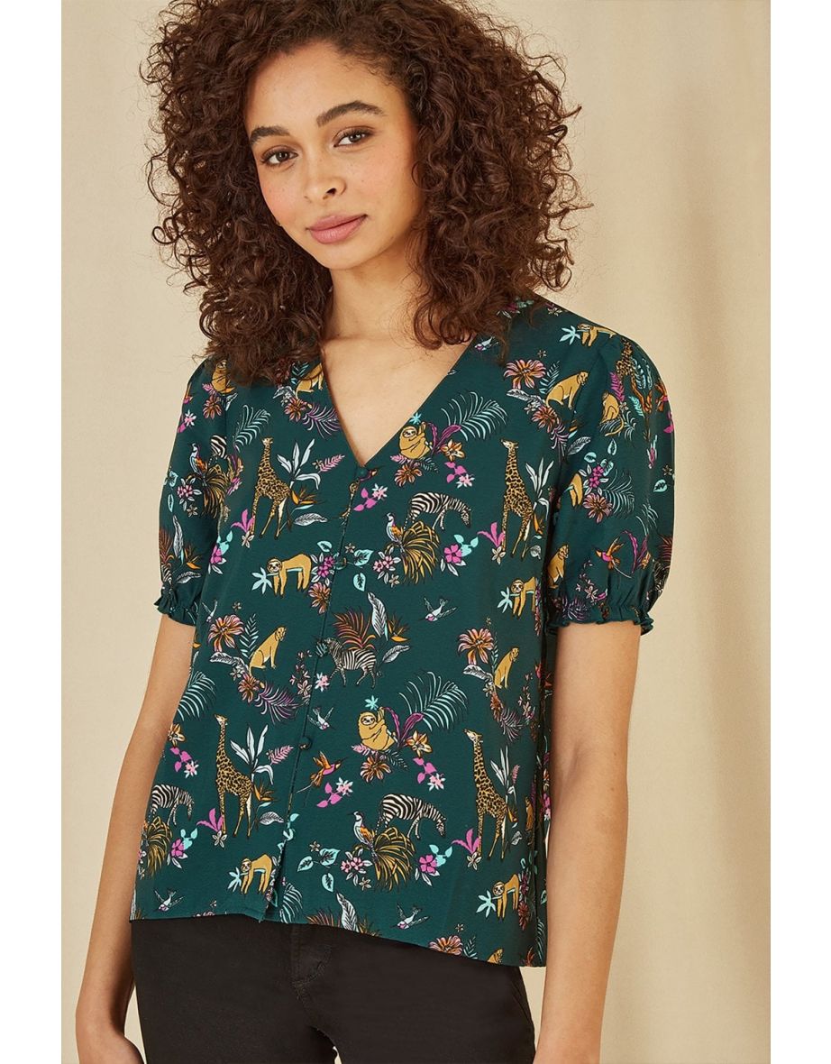 Yumi Green Recycled Fabric Safari Animal Print Shirt