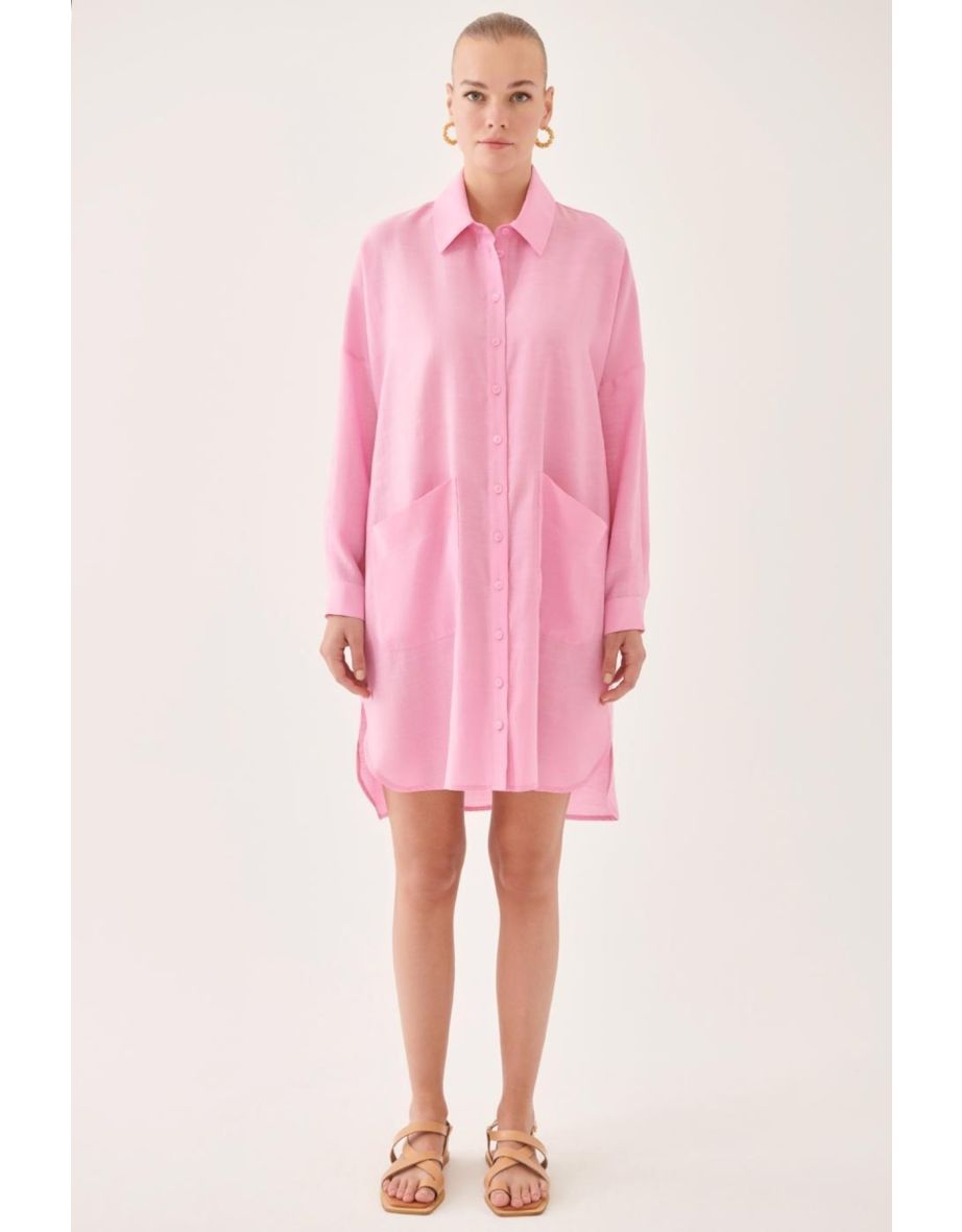 Brissa Comfortable Shirt Collar Below Knee Pink Color Dress
