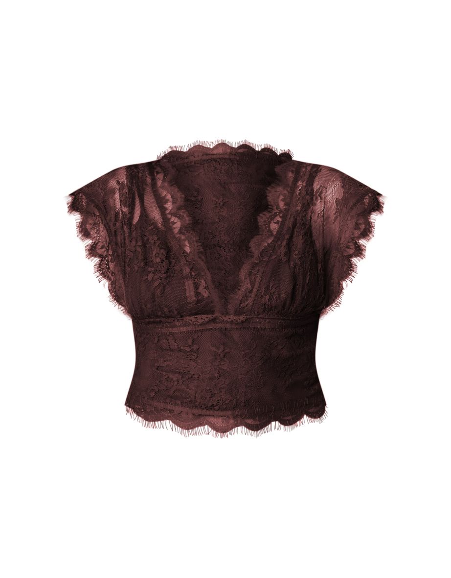 Dark Plum Chiffon Lined Lace Detail Plunge Top - 4