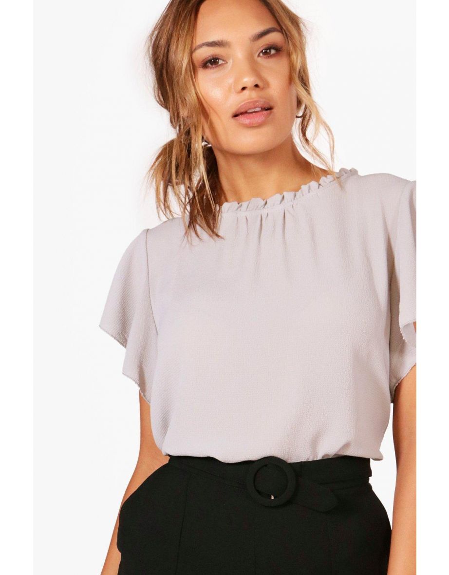 Woven Frill Sleeve And Neck Blouse - light grey - 3