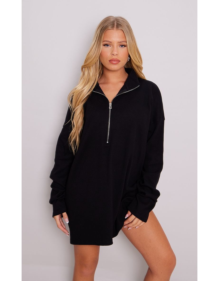Black Ribbed Half Zip High Neck Zip Jumper Dress